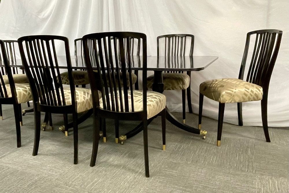 Hollywood Regency Triple Pedestal Ebony Dining Table, Maison Jansen