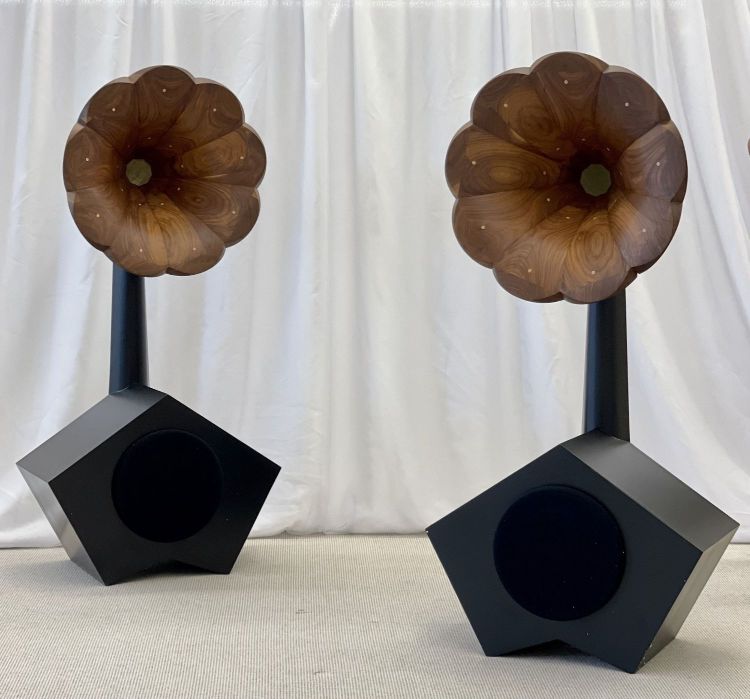 Pair Solid Wood Floor Standing High Fidelity Speakers, Walnut, Ebony, Gold Leaf