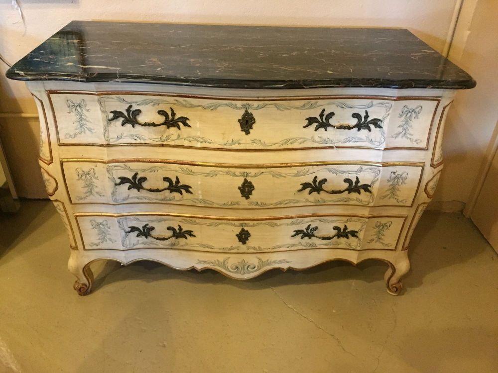 Pair of Painted Bombe Marble-Top Chests or Commodes by John Widdicomb