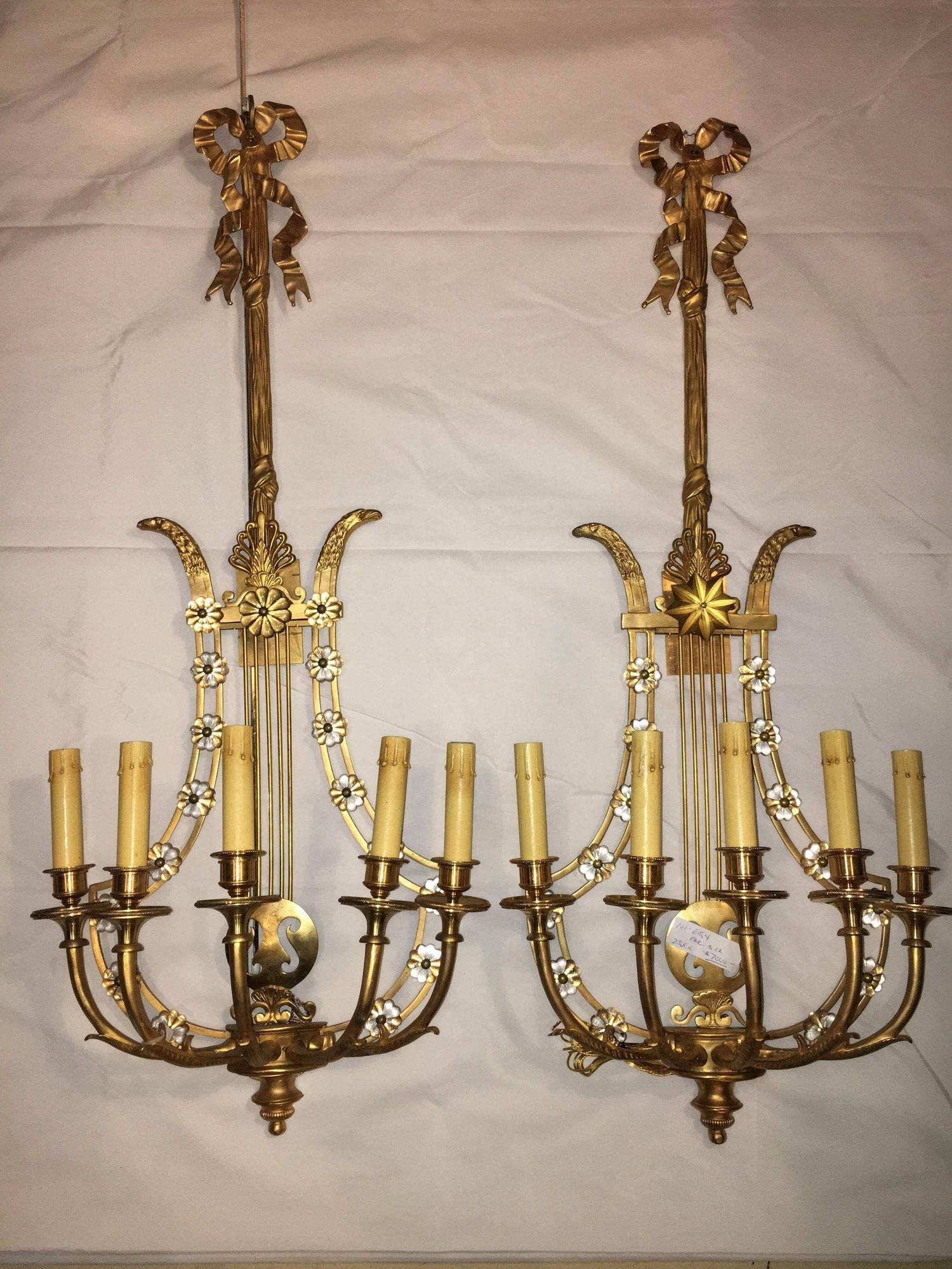 Louis XVI Style Harp / Lyre Back Bronze Wall Sconce. Set of Six