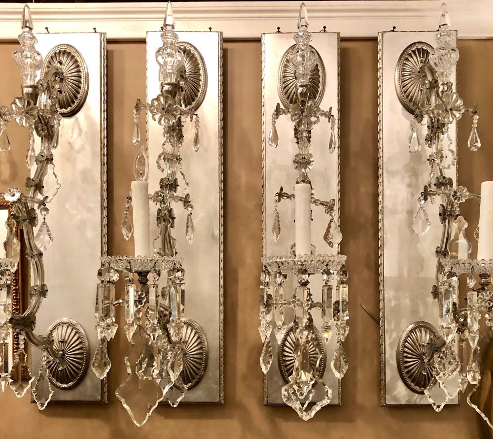 Hollywood Regency Silver Gilt Wall Scones with Crystal Set of Four