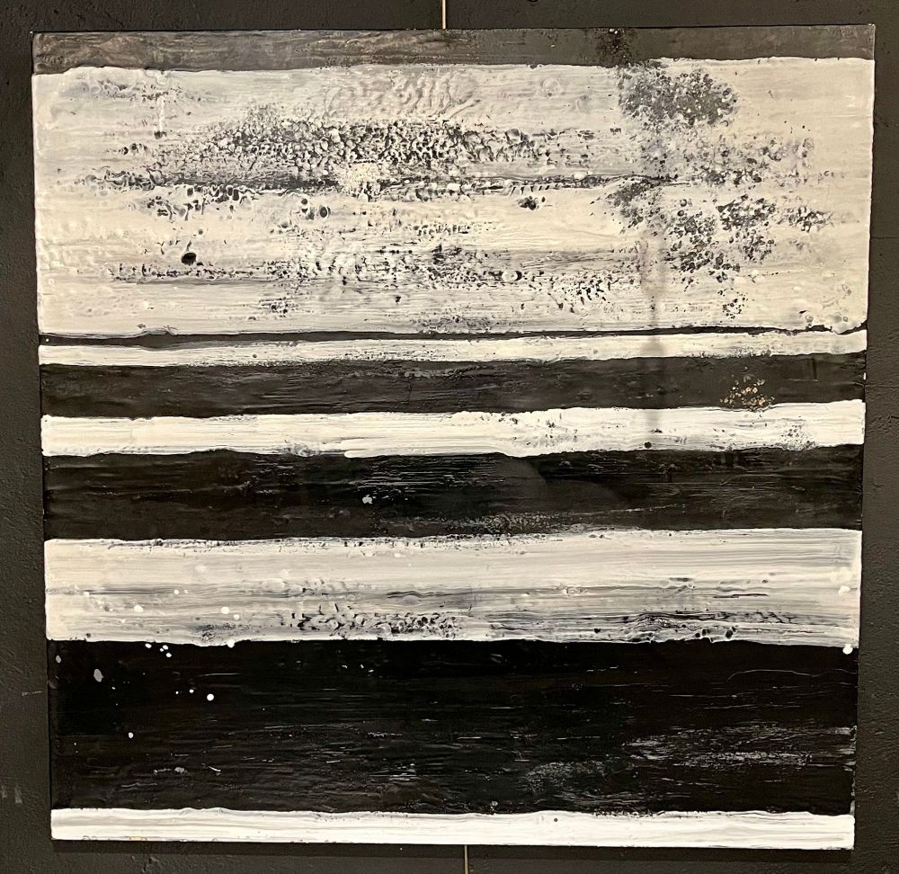 Lynn Basa Encaustic Black and White Stripe Panel "The Speckled", 2013