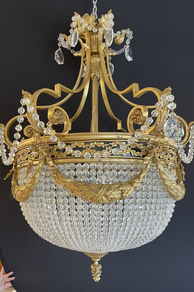 A Pair of Gilt Bronze Louis XVI Style Ballroom Chandeliers, Crystal, Rewired