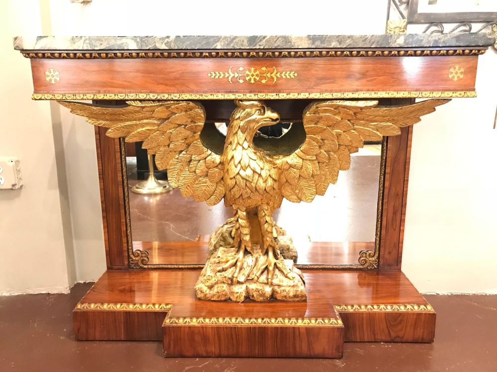 Pair 19th Century Federal Eagle Carved Console Tables, Marble Tops, Solid Wood