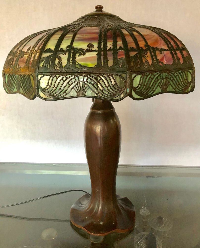 Arts & Crafts Handel Palm Tree Table Lamp Signed on Base and Shade