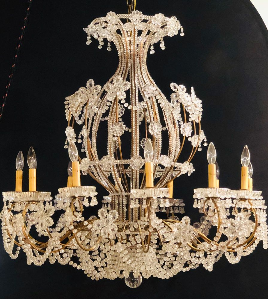 Beautiful Gilt Iron 12-Light Chandelier with Great Crystal and Bead Decoration