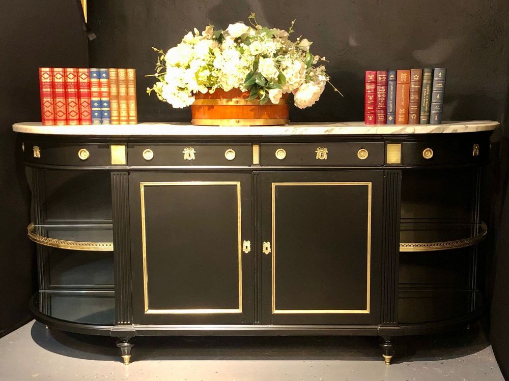 Jansen Hollywood Regency Sideboard, Console, Ebony w Marble Top and Bronze Deco