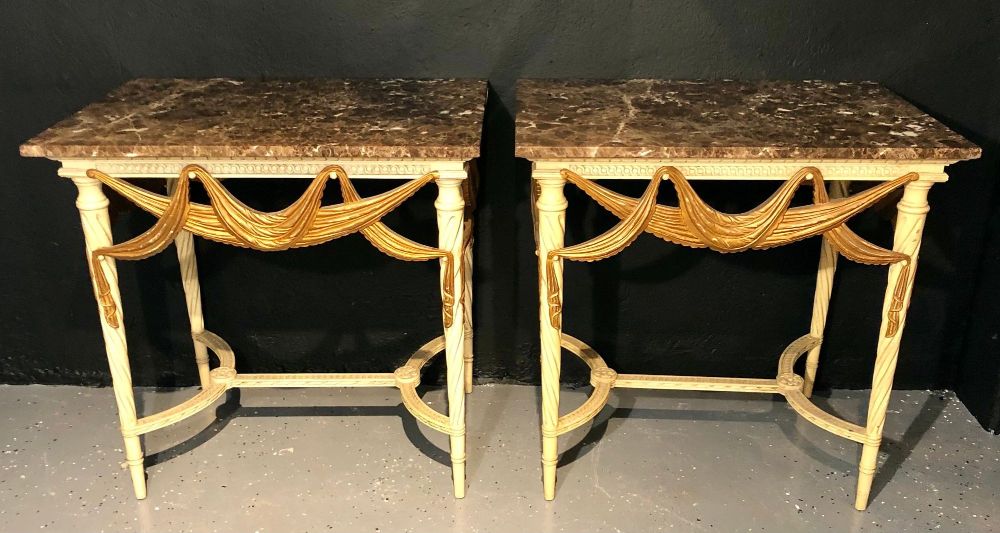 Pair of Dorothy Draper Console Sofa or End Tables, Parcel Gilt & Paint Decorated