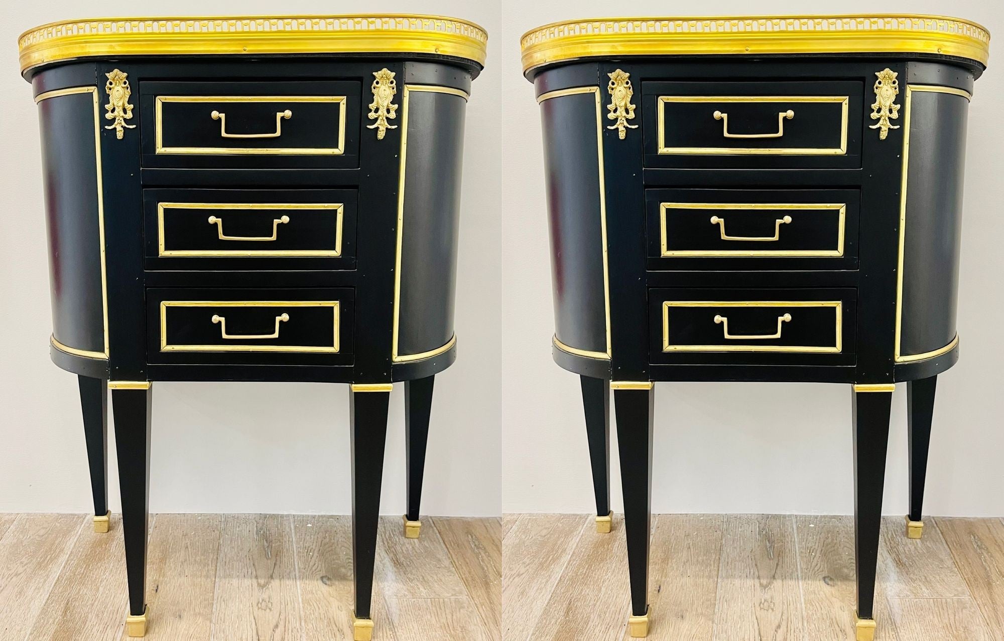 Pair of Jansen Inspired Marble-Top Galleried Ebonized End Tables / Nightstands