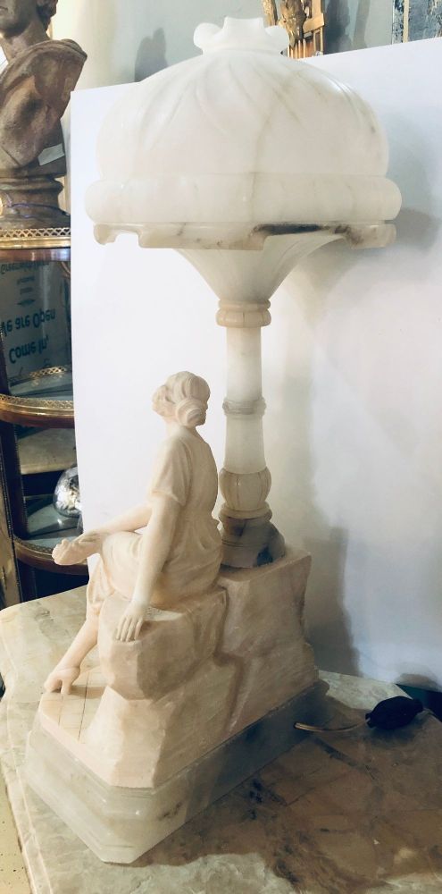 Art Deco Alabaster Domed Table Lamp Depicting a Seated Lady at a Street Lamp