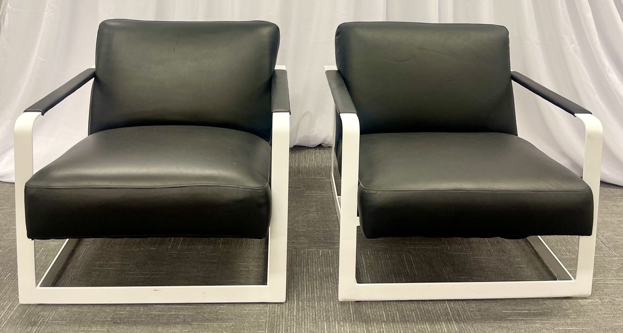 Pair of Mid-Century Modern Lounge Chairs, Leather, Steel Base, American, 1980s
