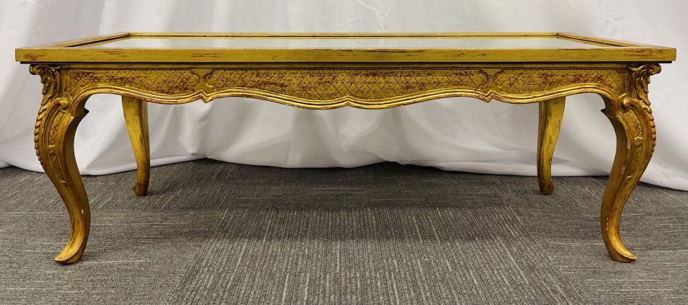Petite Hollywood Regency Style Coffee Table, Giltwood Base, Antiqued Mirror Top
