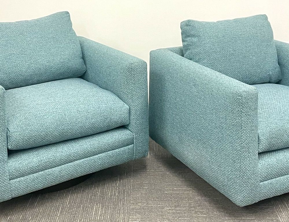 Pair Teal Milo Baughman Style Mid Century Modern Lounge Chairs, Swivel, Square
