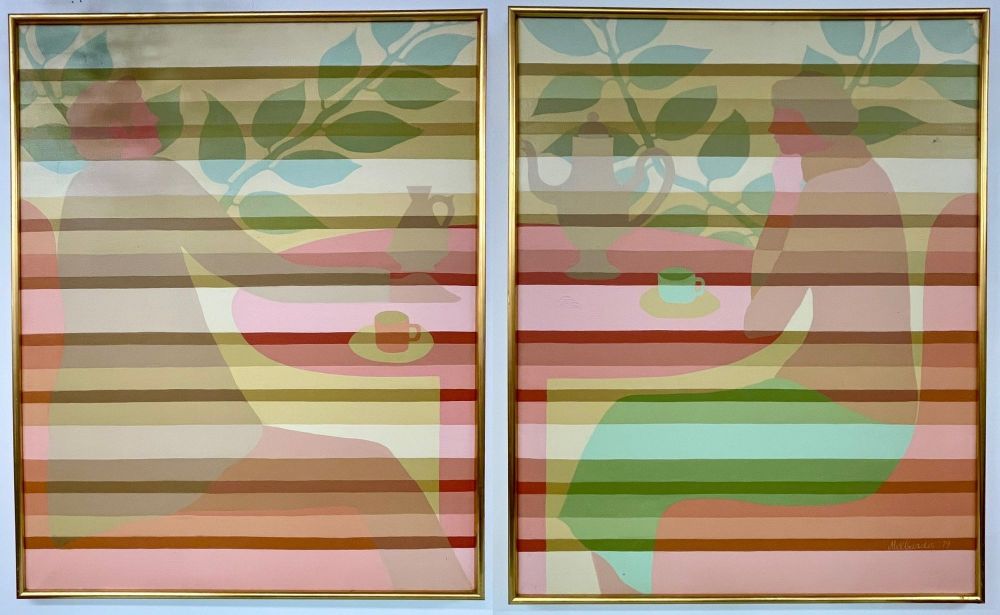 Pair of Mid-Century Framed Oil on Canvas, 'Tea Time' Signed Melbardis, 1979