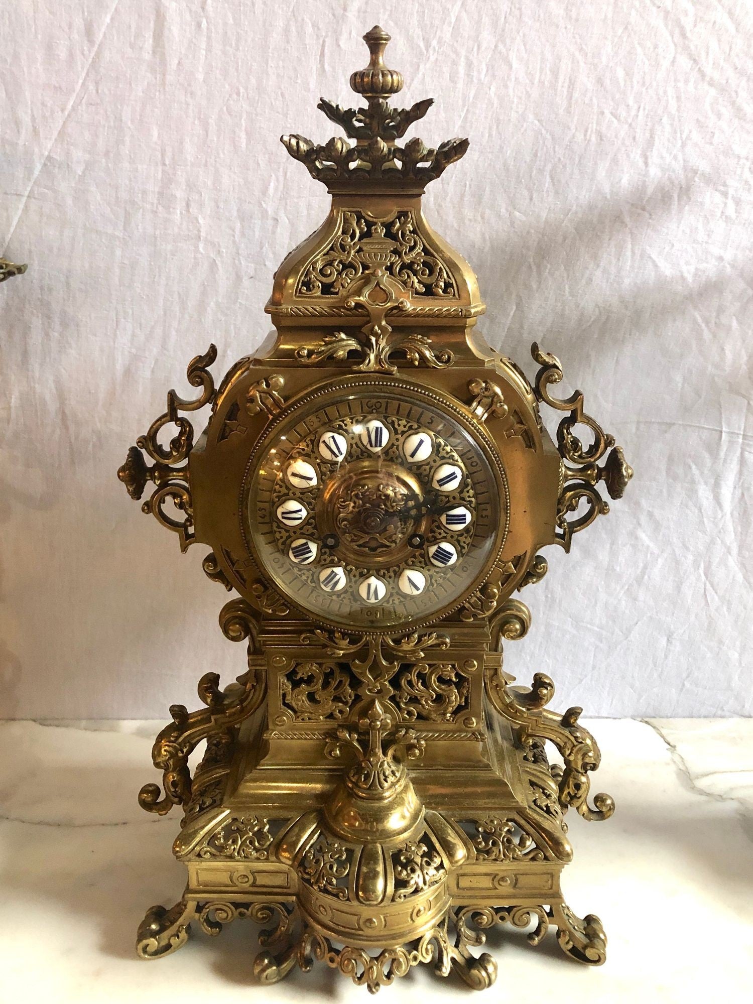 19th Century Gothic Style J.E. Caldwell Gilt Bronze Clock Garniture Set