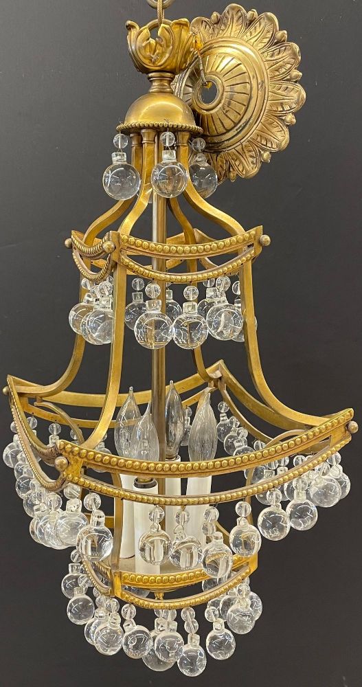 Bronze and Crystal Pagoda Form Diminutive Chandelier