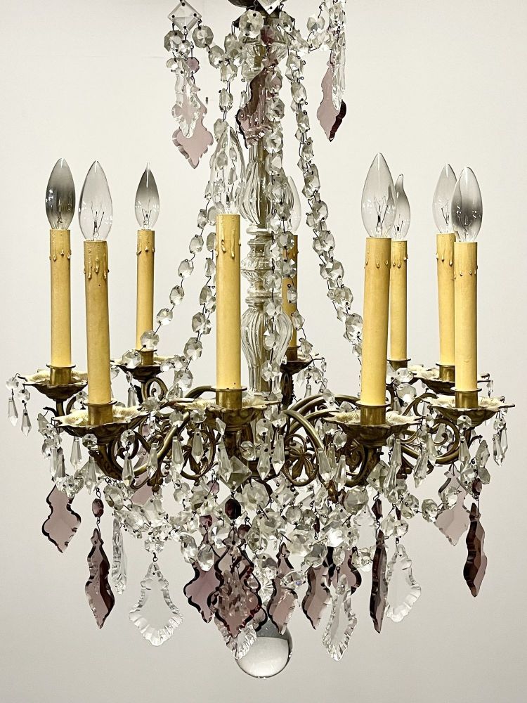 Louis XVI Bronze and Crystal Chandelier, Colored and Clear Crystals, France