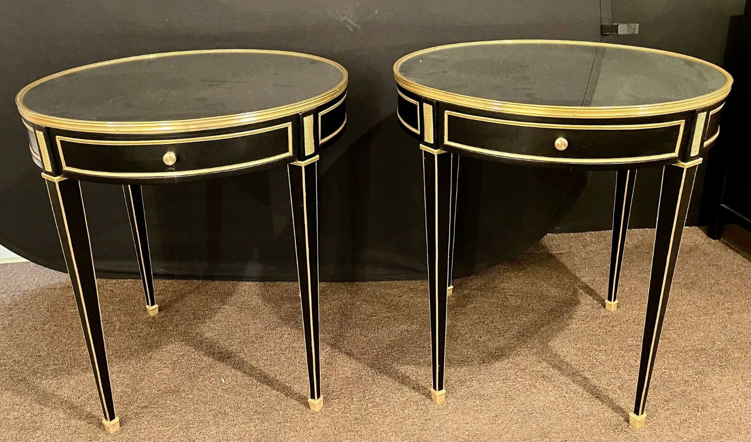 Hollywood Regency Ebony Bouillotte or End Tables, Manner Jansen Mirror Tops Pair