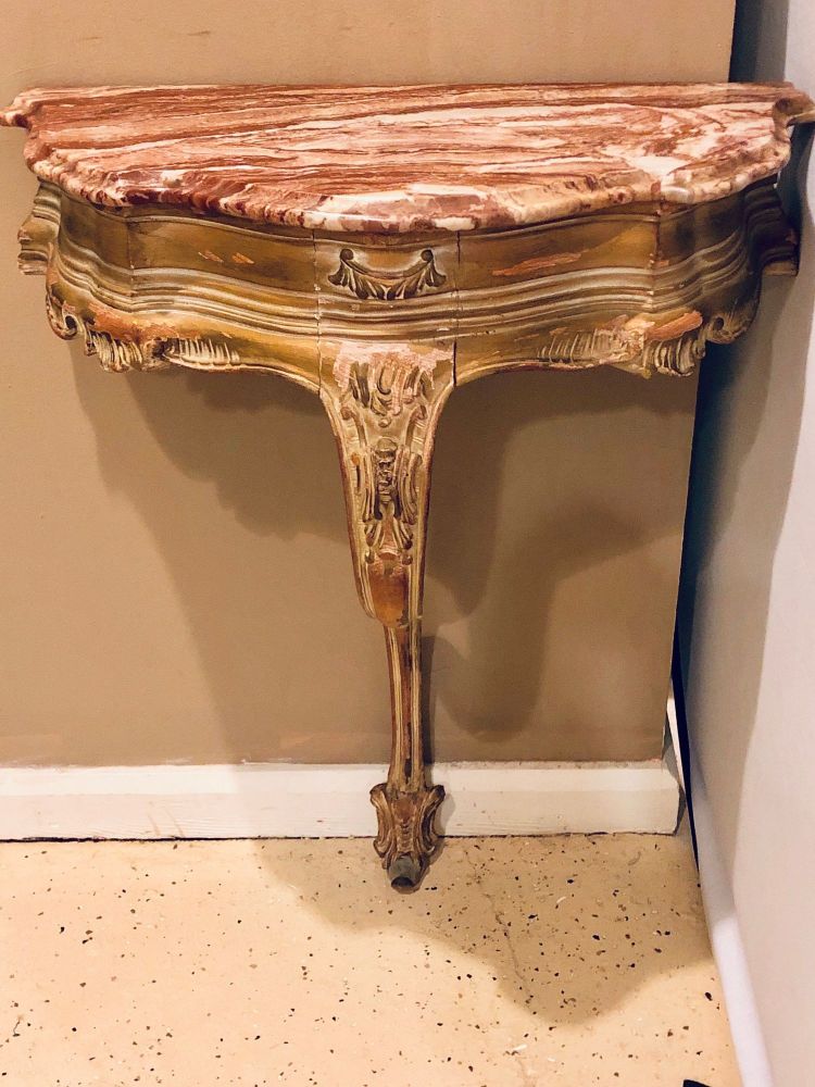 French Louis XV Style Distressed Antique Demi Lune Console, Rouge Marble Top