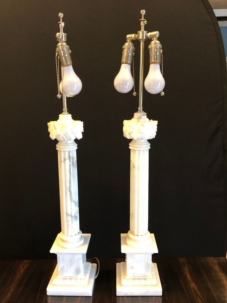 Pair of White and Grey Veined Column Marble Table Lamps with Custom Shades