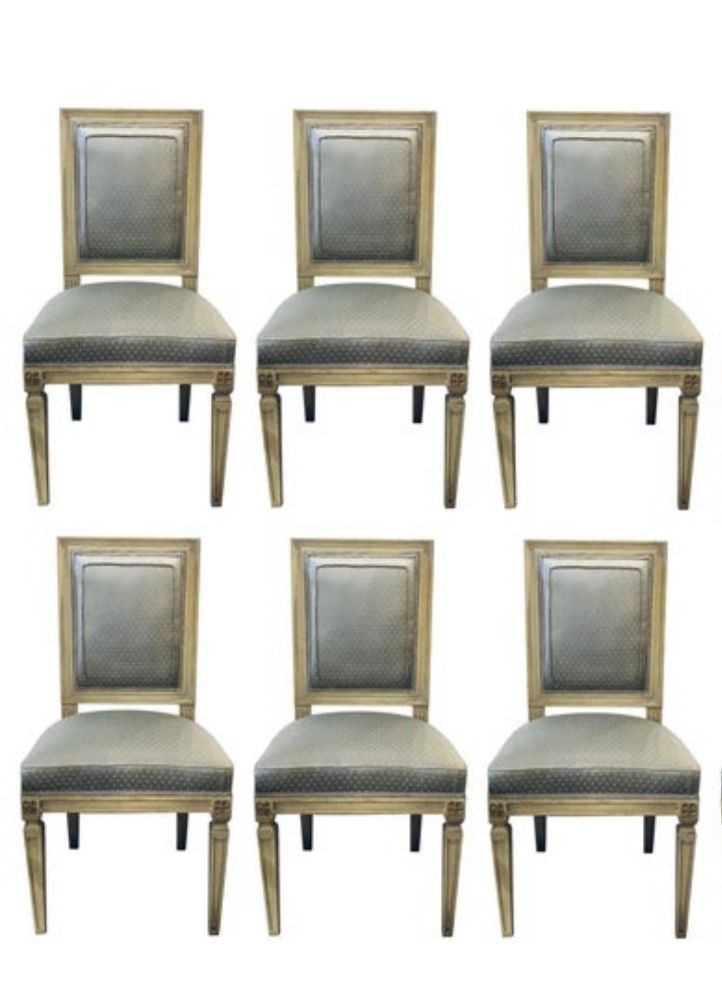Set of Six Jansen Style Dining, Side Chairs, Faux Linen Painted, New Upholstery
