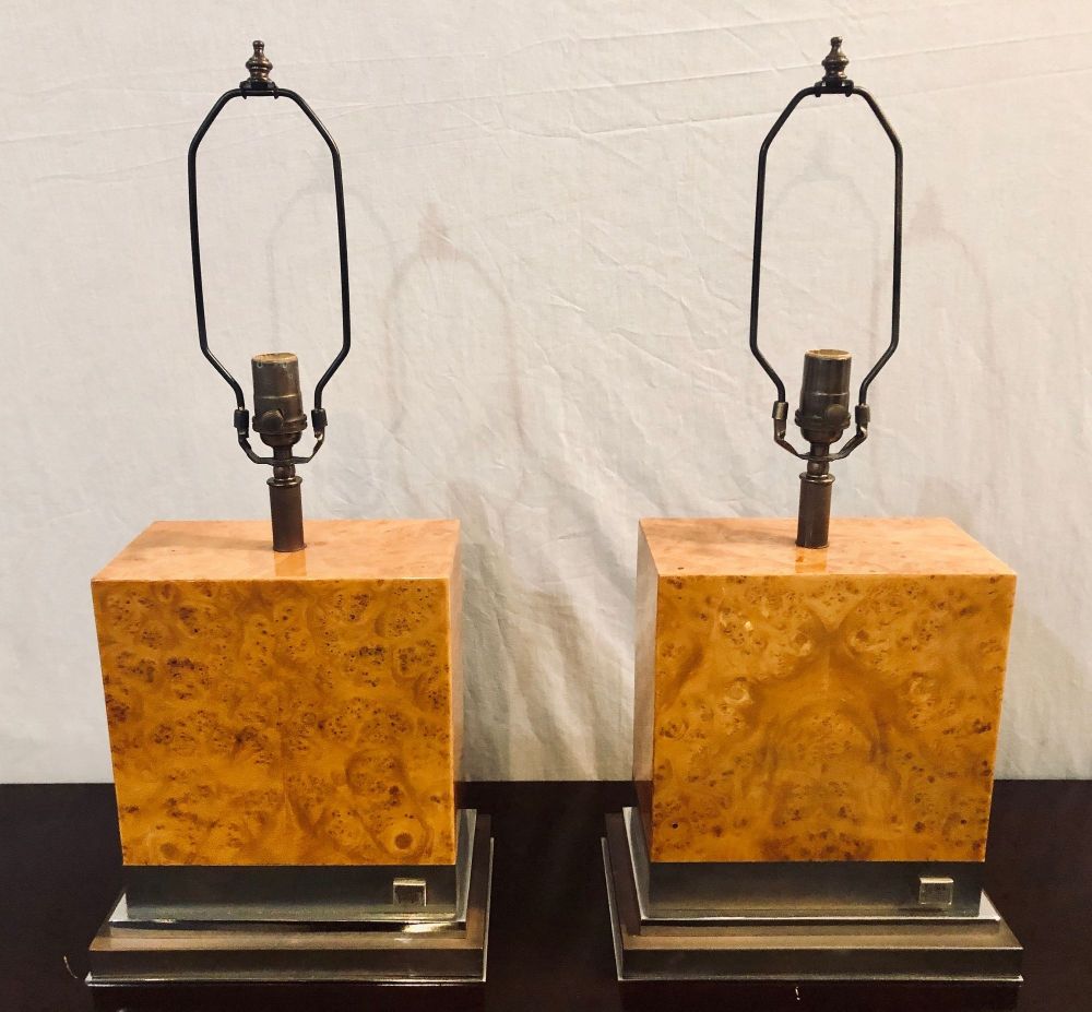 Pair of Jean Claude Mahey Burl Wood & Chrome Base Table Lamps with Custom Shades