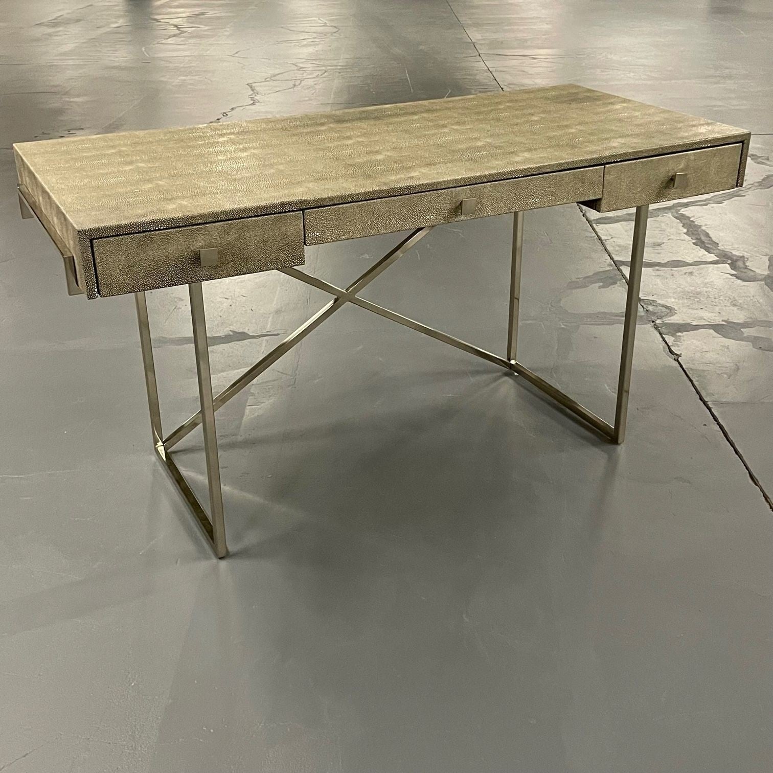Modern Karl Springer Style Three-Drawer Faux Shagreen Desk/Writing Table, Chrome