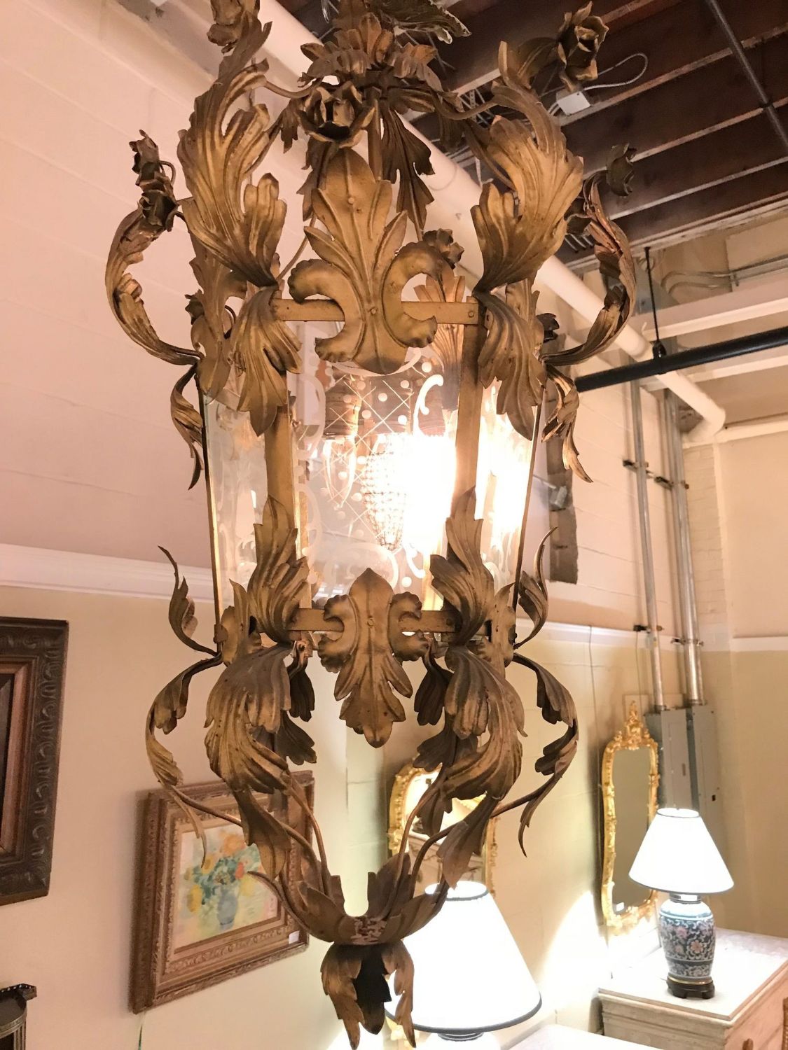 Hollywood Regency Gilt Metal Etched Glass Hanging Lantern