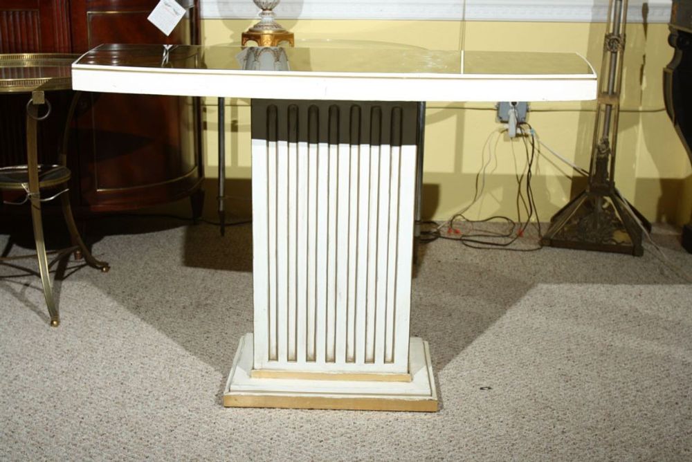 Jansen Painted & Eglomise Console Tables Glass Atop White Painted and Parcel Gilt Frieze - a Pair