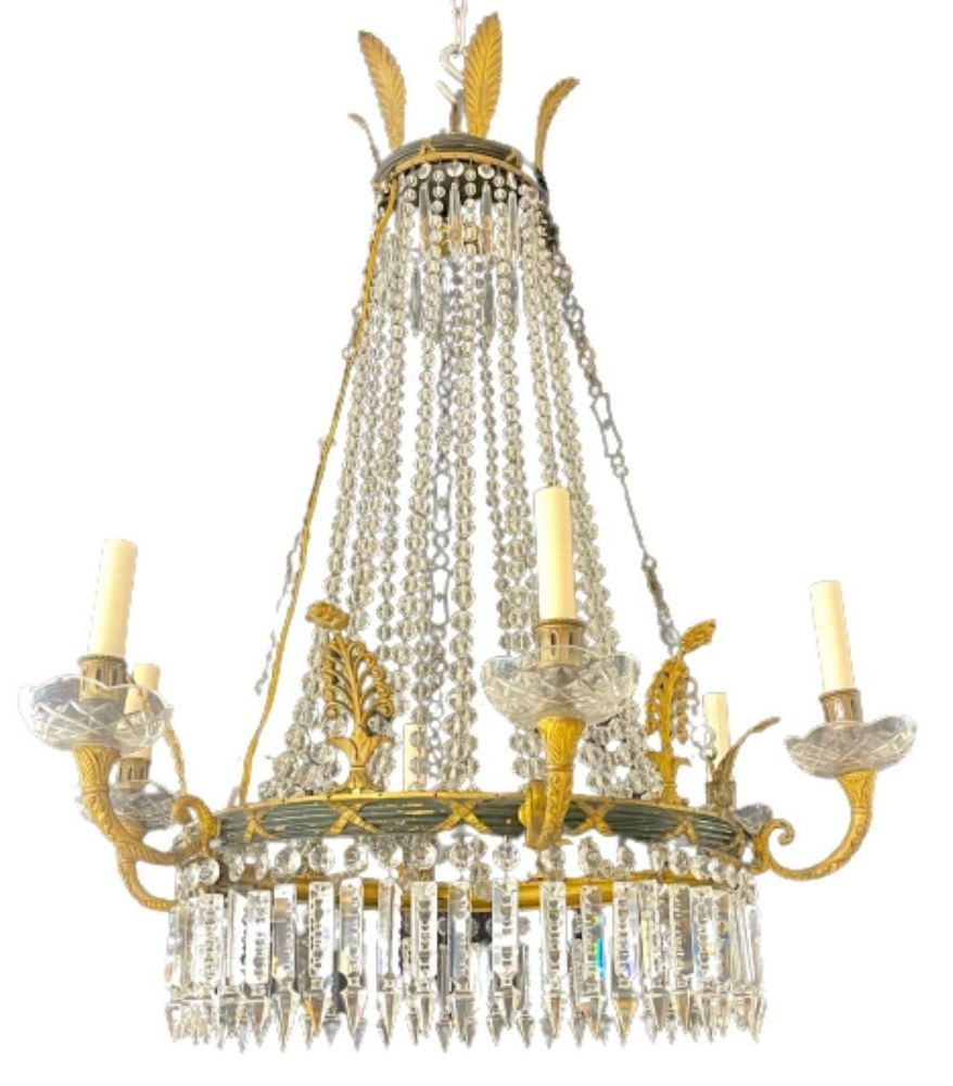 Russian Neoclassical Six Light Chandelier, Bronze and Crystal