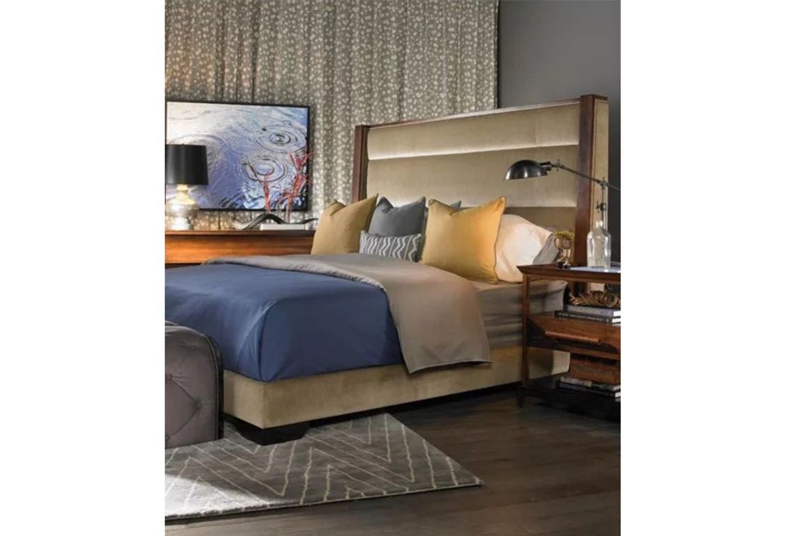Thom Filicia, Modern King Size Bed Frame, Low Profile, Upholstery, Walnut