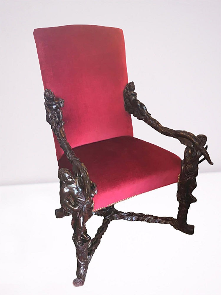 Pair of Italian 19th Century Baroque Carved Arm Throne Chairs, Figural Carvings