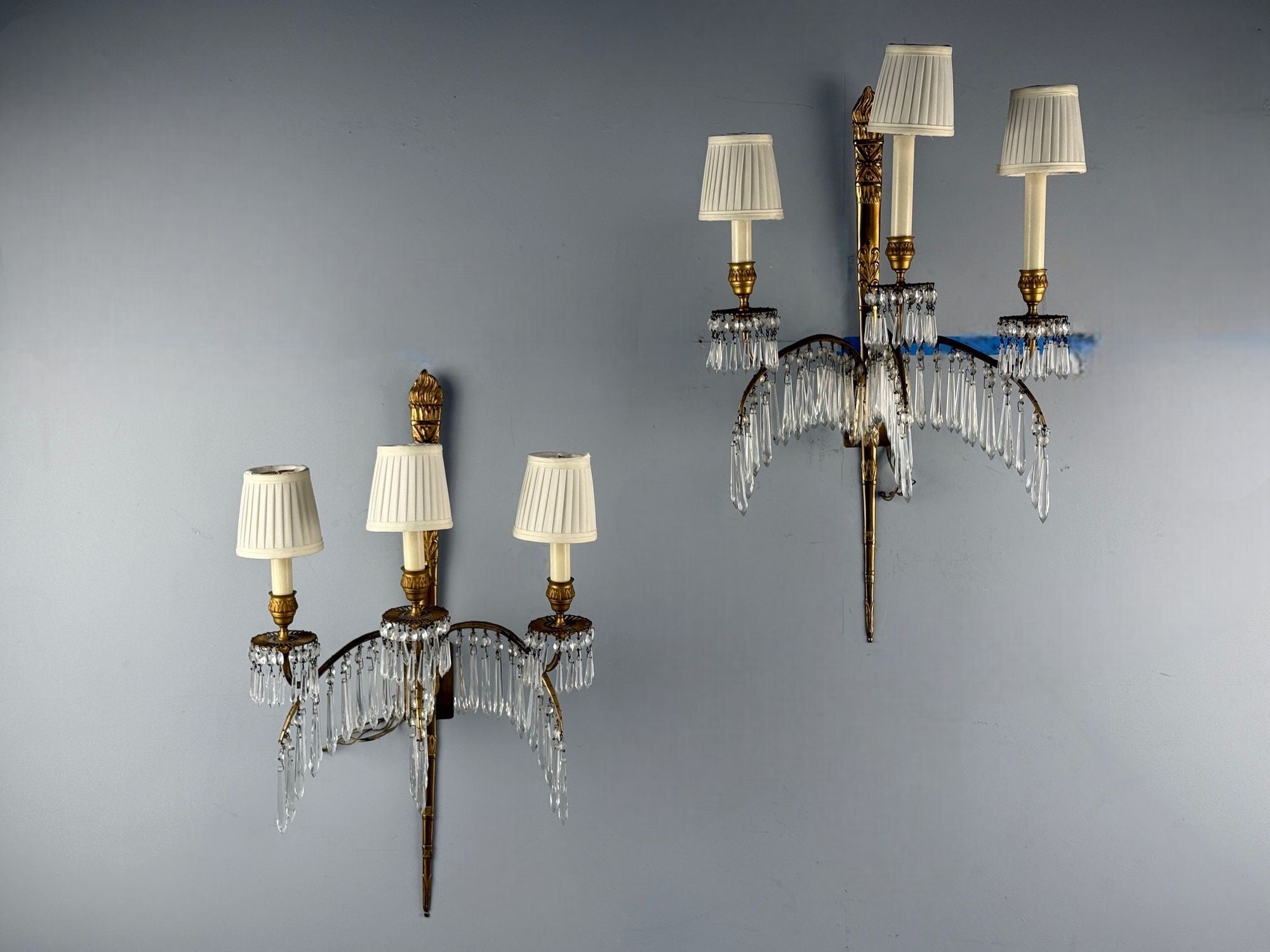 Maison Jansen, Feather Form Wall Sconces, Crystal, Bronze, France, 1940s