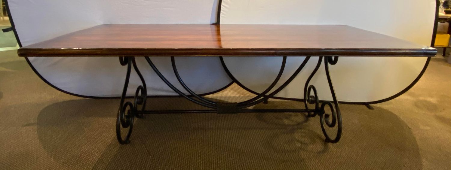 Ebony Metal and Brass Scroll Base Dining Table Wood Top Baroque Style