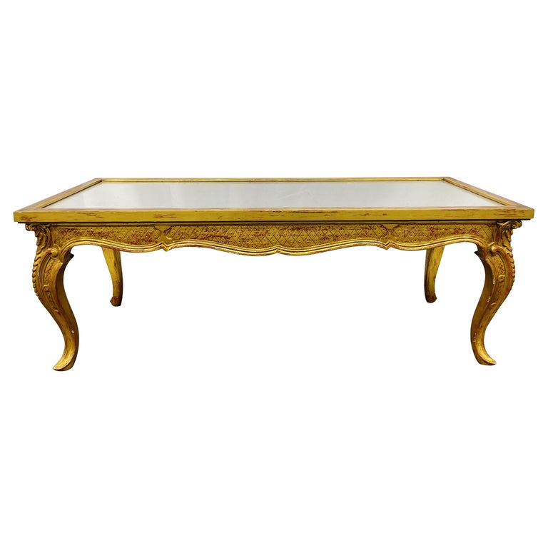 Petite Hollywood Regency Style Coffee Table, Giltwood Base, Antiqued Mirror Top