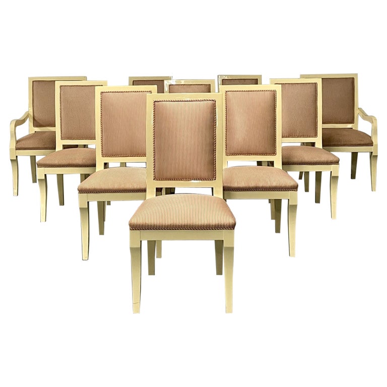 Ron Seff, White Lacquer, Striped Fabric, Ten Modern Dining Chairs, USA, 1970s