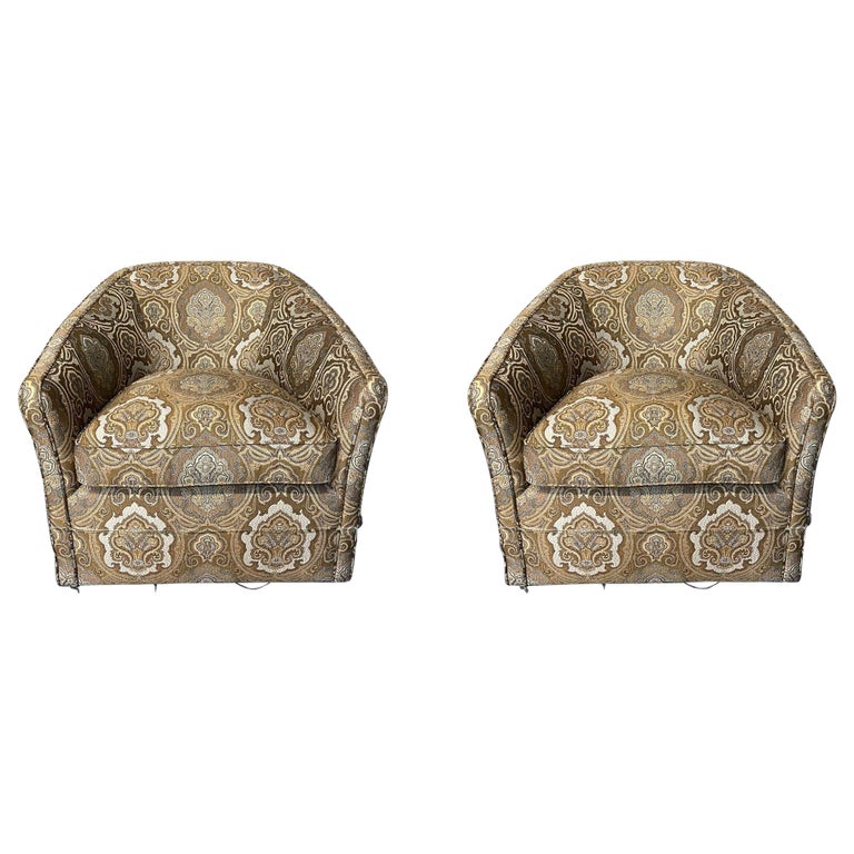 Pair of Vintage Kagan Style Modern Swivel Tub Chairs, Scalamandre Upholstered