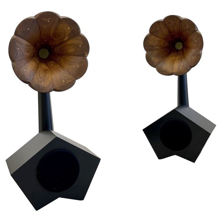 Pair Solid Wood Floor Standing High Fidelity Speakers, Walnut, Ebony, Gold Leaf