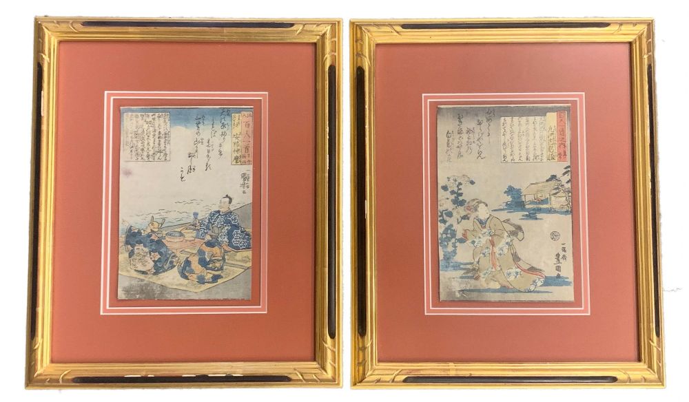 Pair of 19th Century Japanese Woodblocks by Utagawa Kuniyoshi in Custom Frames.