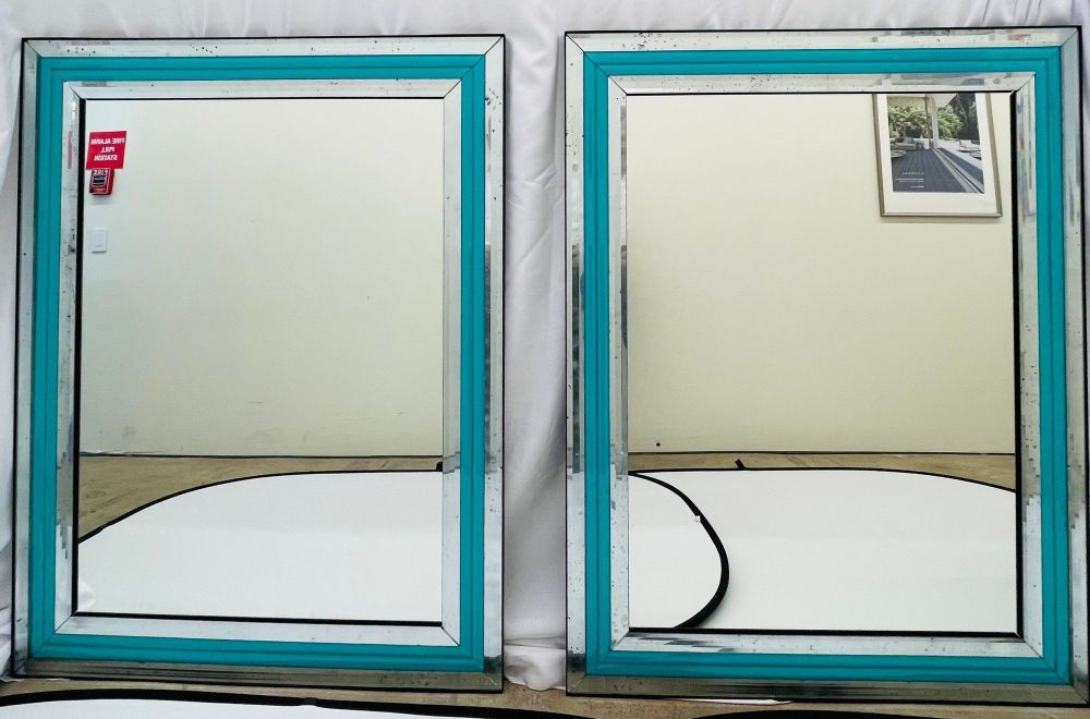 Pair of Art Deco Wall, Console or Pier Mirrors with Turquoise Beveled Frames