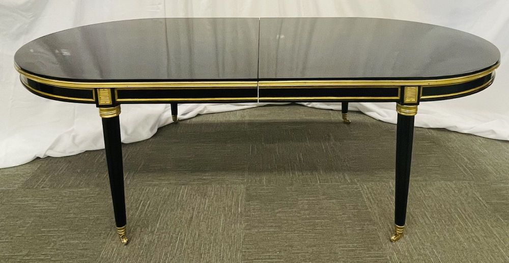 Dining Table, Louis XVI Maison Jansen Style, Black Lacquer, 15 Feet, Refinished