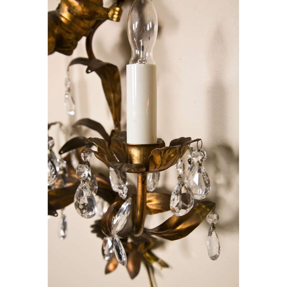 French Marie Therese Style Gilt-Brass Three-Light Wall Sconces Cherub Figures