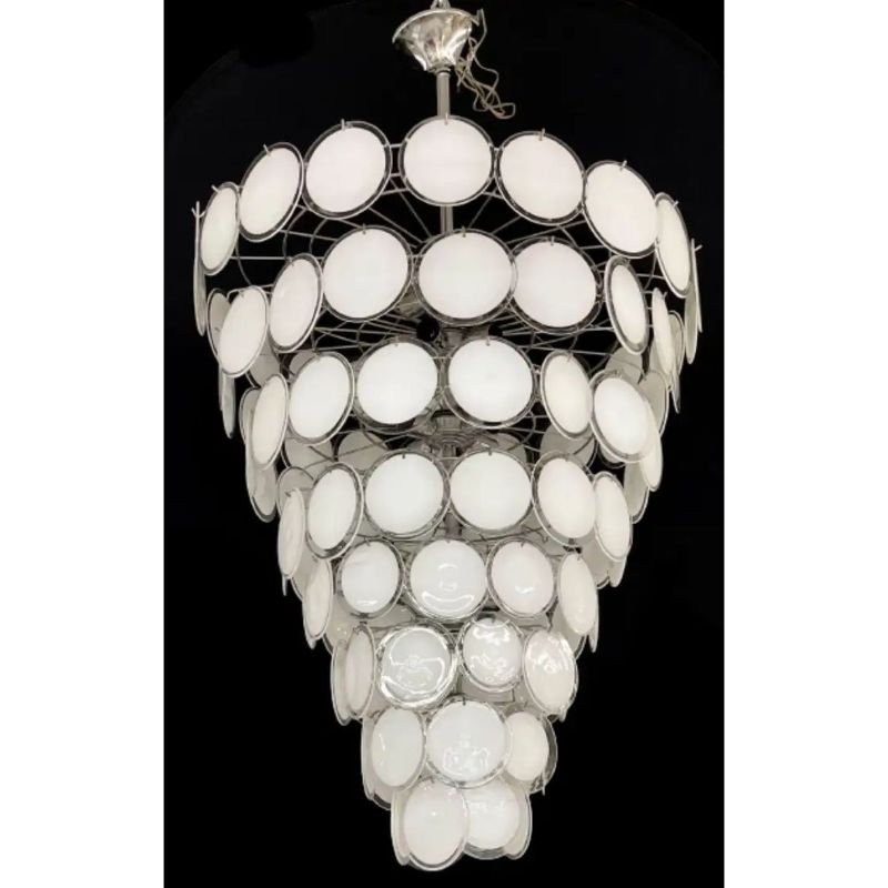 Pair Murano Disc Mid-Century Modern Tiered Chandelier, Antique Brass, Monumental