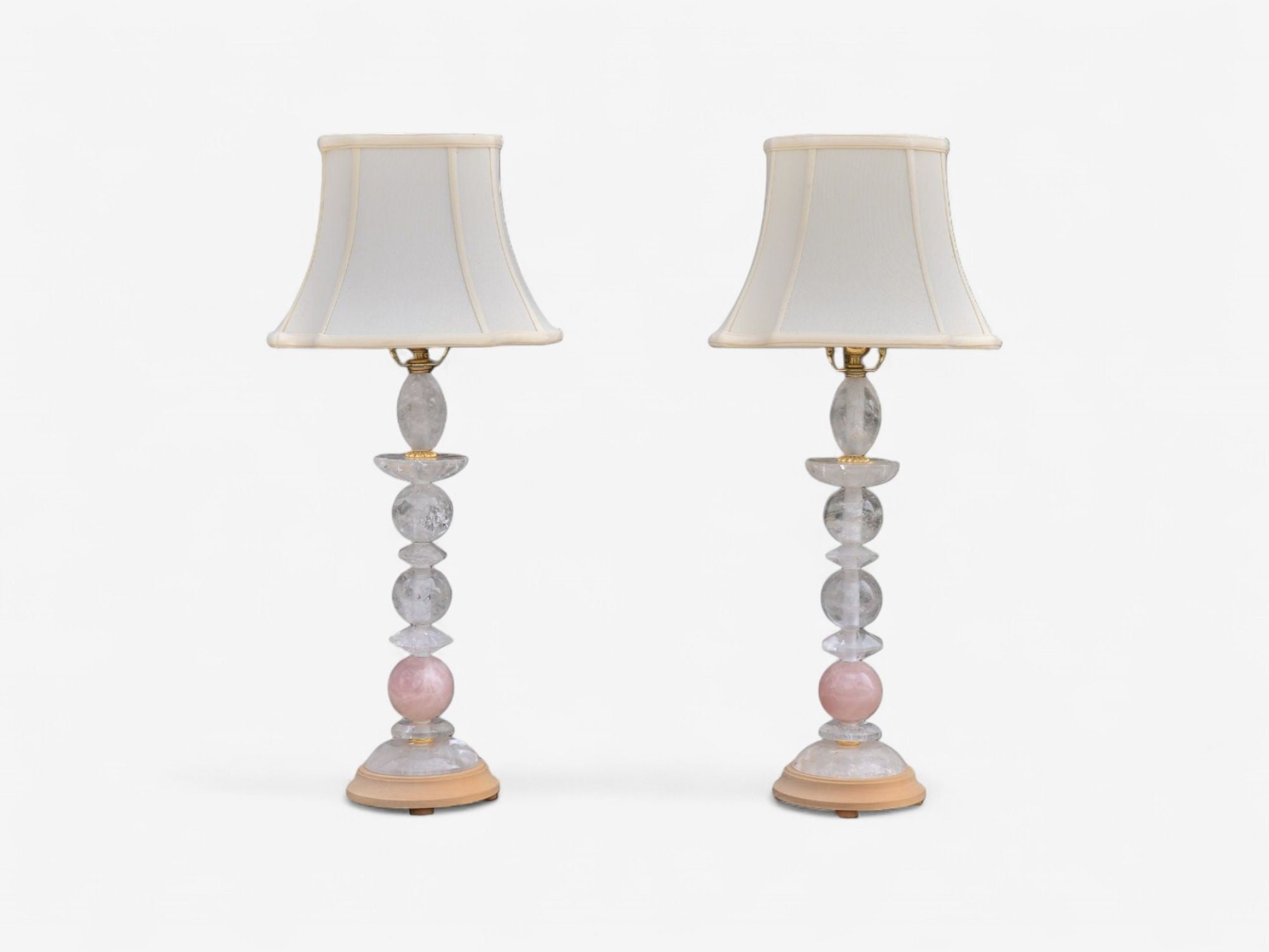 Art Deco Style, Pink Rock Crystal, Brass, Table Lamps, France, 1960s