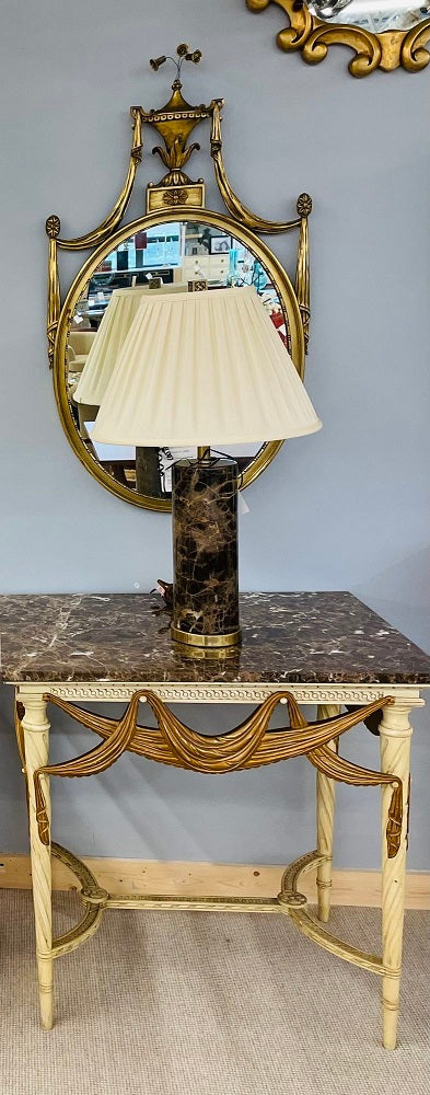 Pair of Modern Solid Marble Cylindrical Table Lamps, Brass Base, Single Bulb