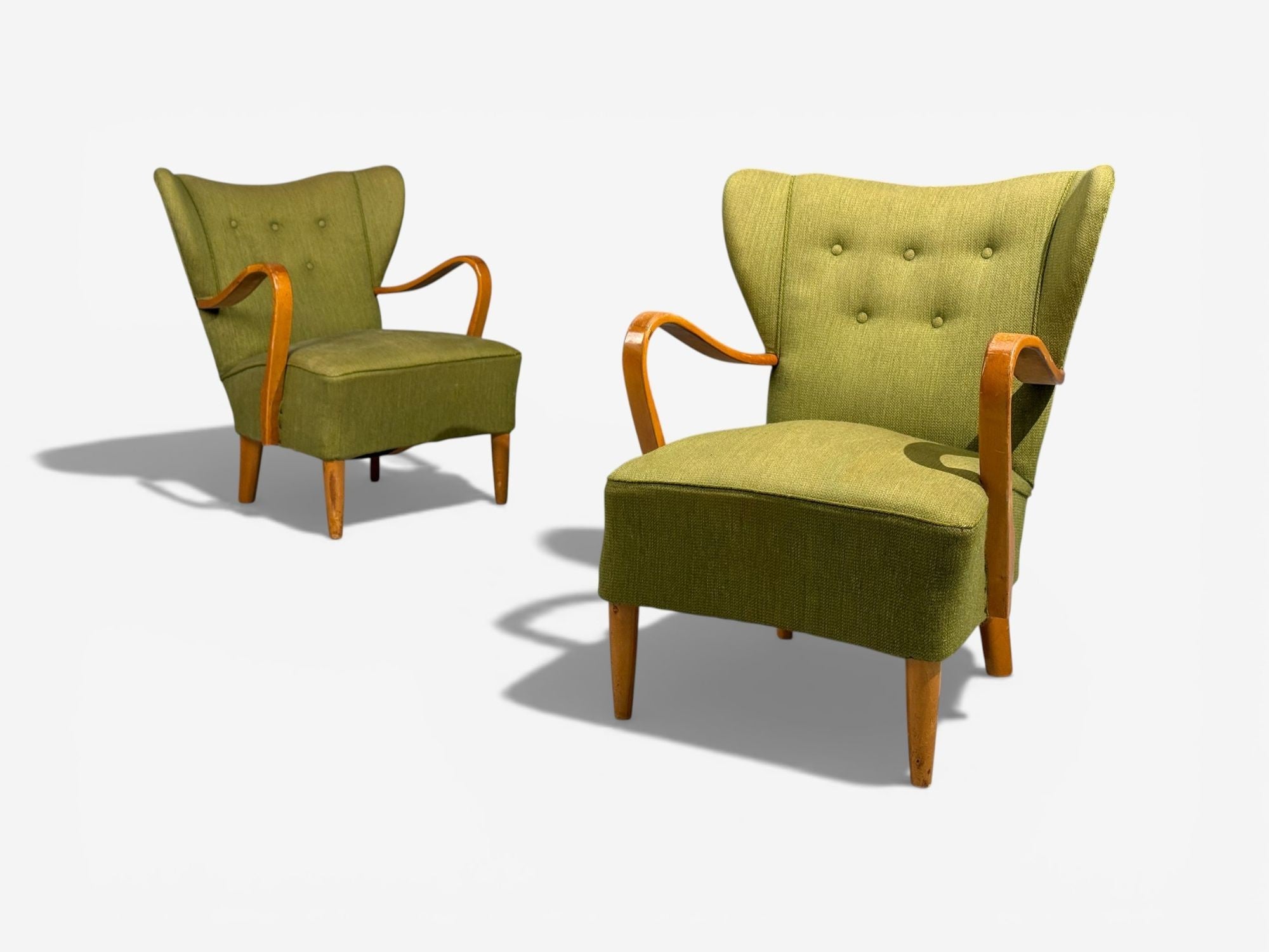 Swedish Modern, Lounge Chairs, Elm, Green Fabric, Sweden, 1930s