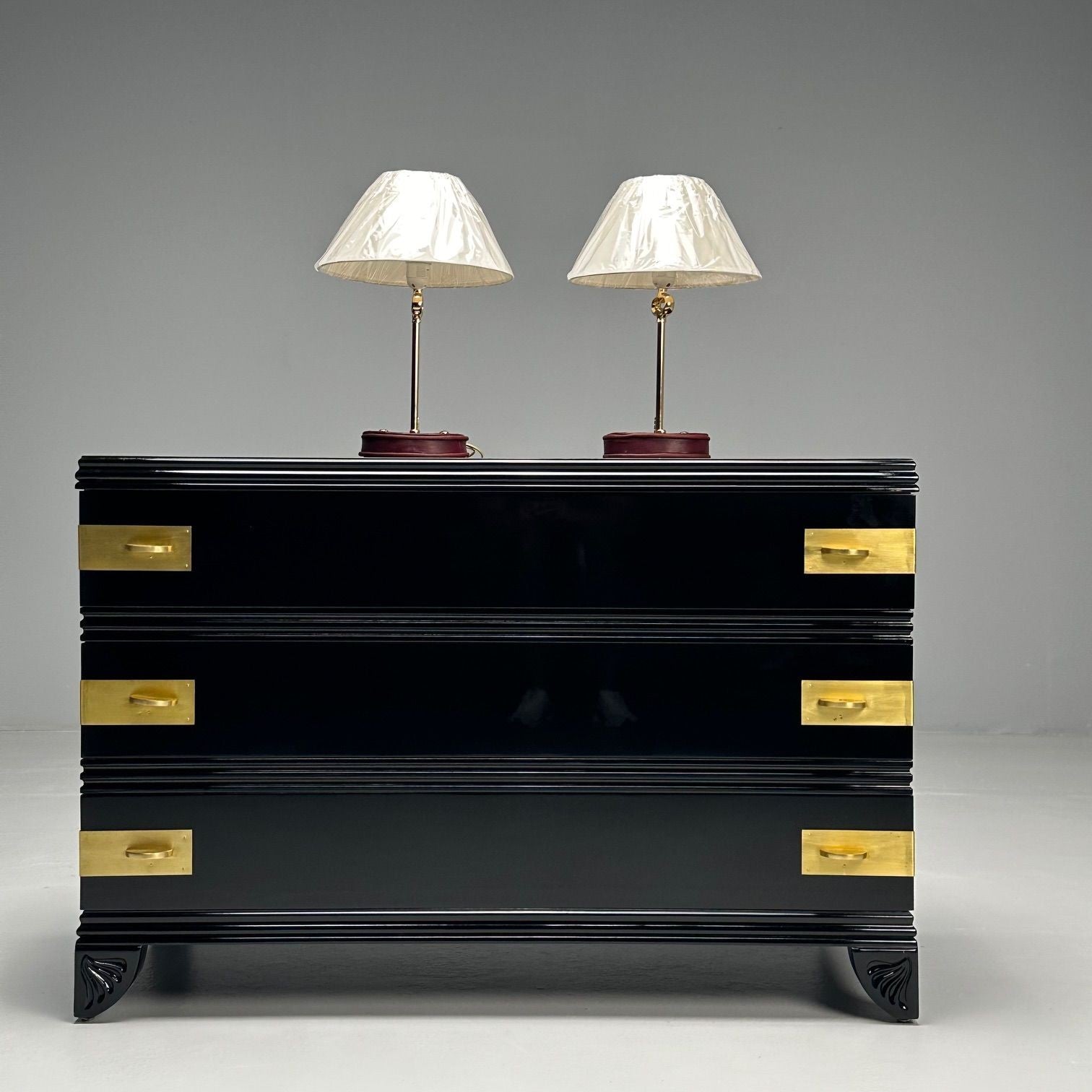 Cartier Style, Modern Key Table Lamps, Red Leather, Brass, Paper Shades