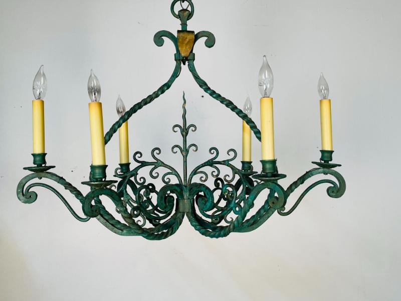 Wrought Iron Industrial Green Painted Chandelier, Circa 1930s
