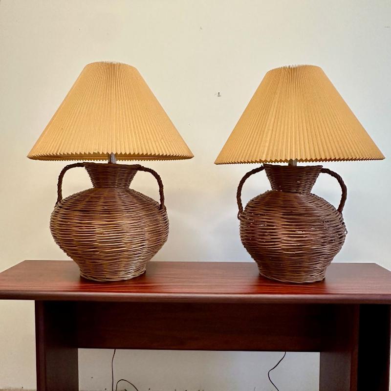 Large Mid-Century Modern Wicker Urn Table, Desk Lamps by Kovacs, Compatible Pair