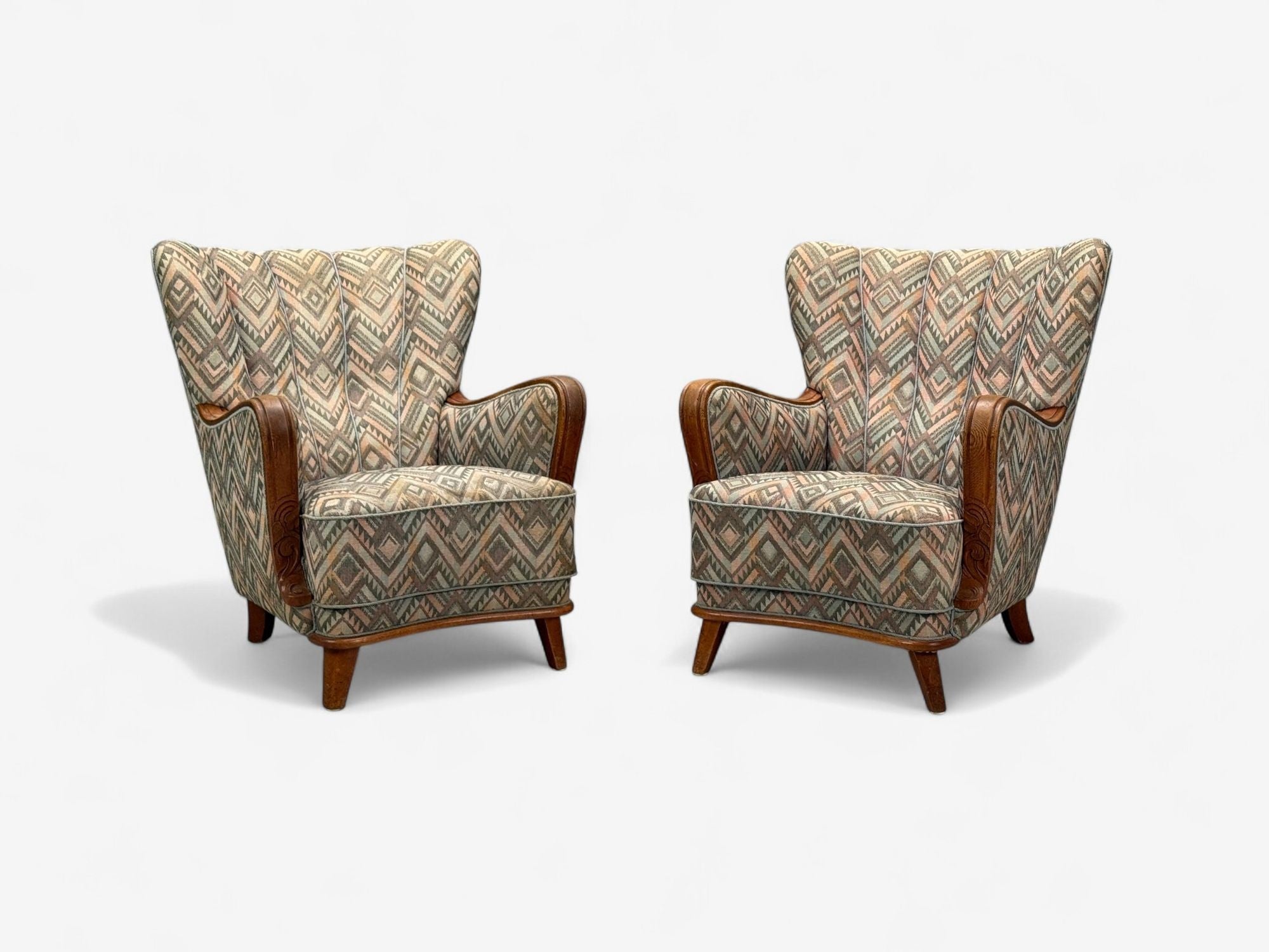 Swedish Art Deco, Stained Wood, Fabric, Organic Lounge Chairs, Sweden, 1970s